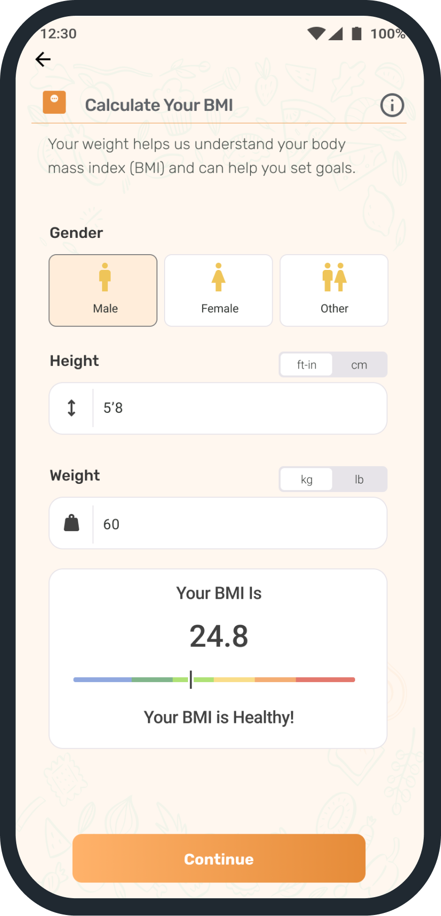 FoodHero app showing dietary information input
